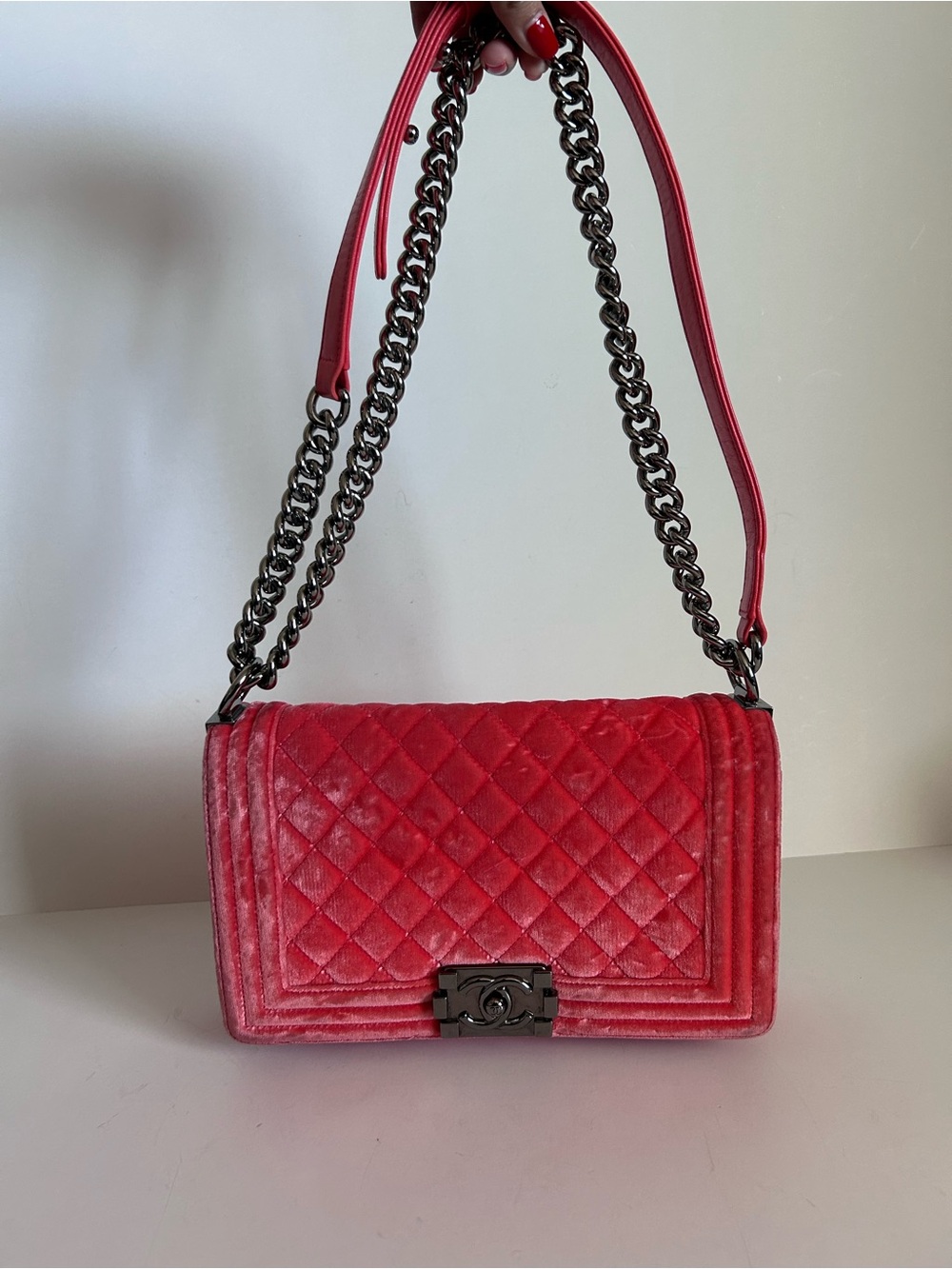 CHANEL Quilted Velvet Shoulder Bag in Red with Chain Strap